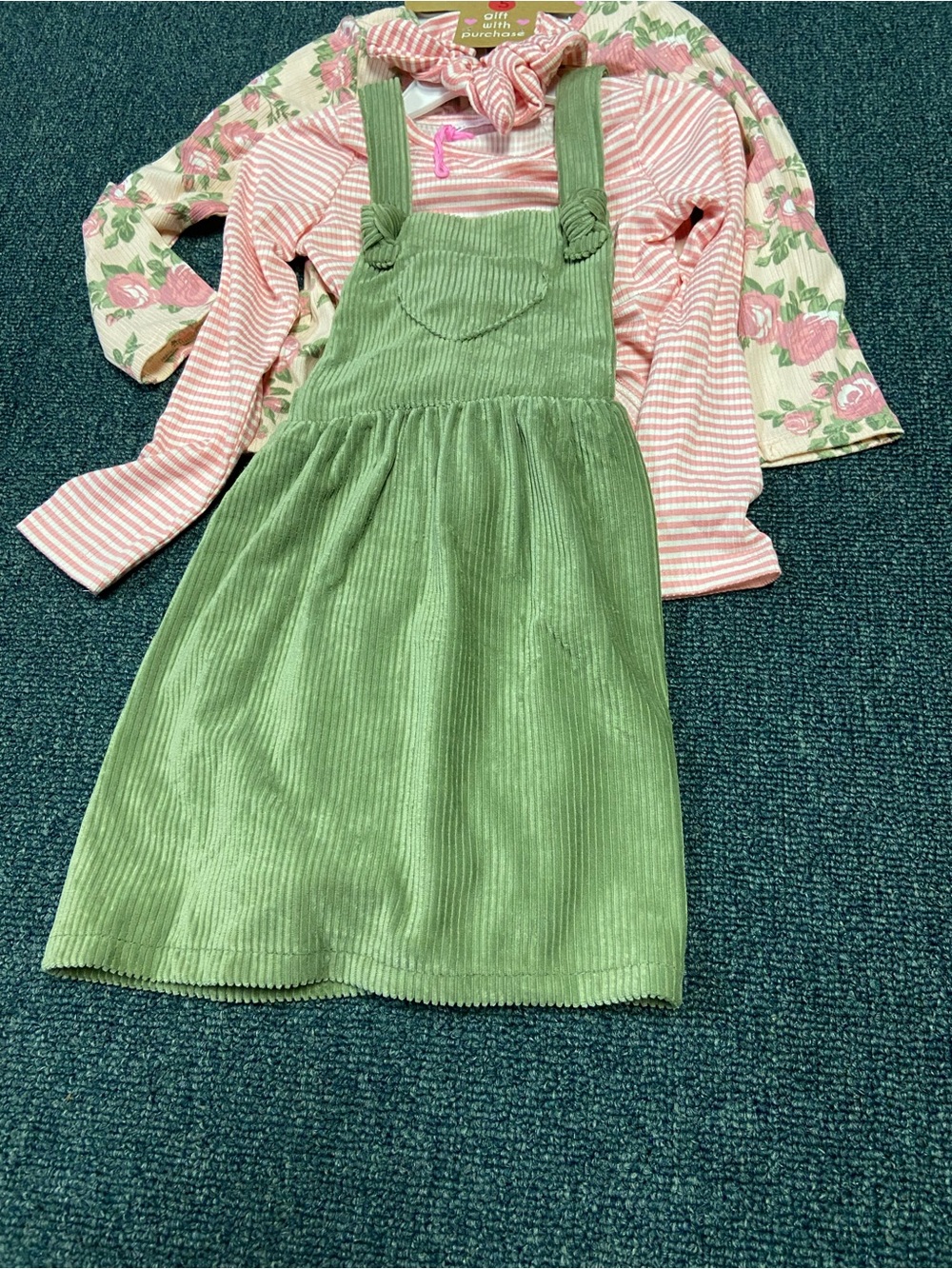 Young Hearts Pink & White Striped Toddler Outfit with Green Corduroy